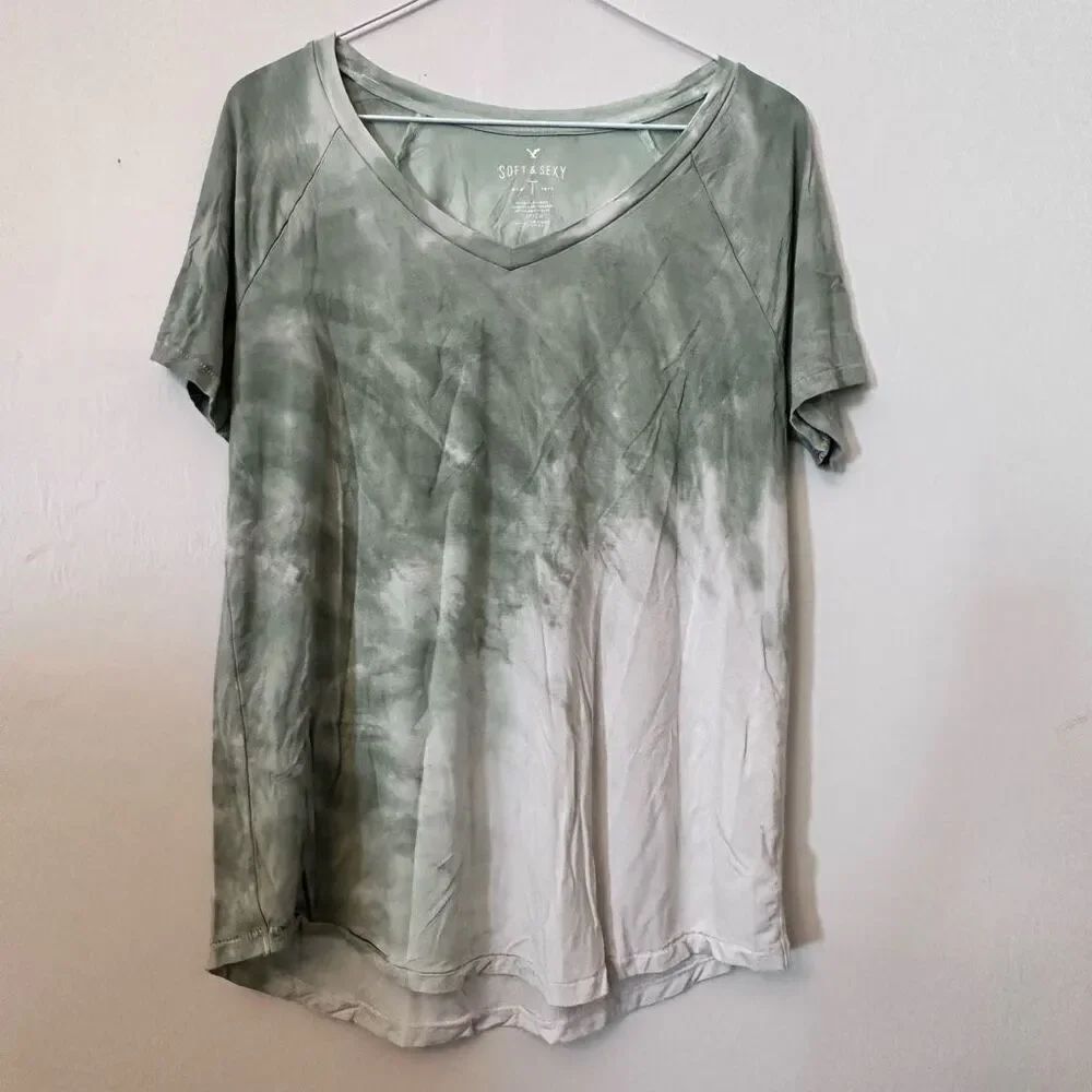 American Eagle Womens Soft Sexy Shirt Tie Dye Short Sleeve Green Size Small